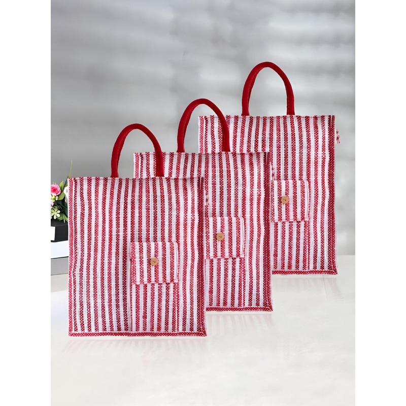 Aura Unisex Set Of 3 Striped Oversized Shopper Jute Tote Bags