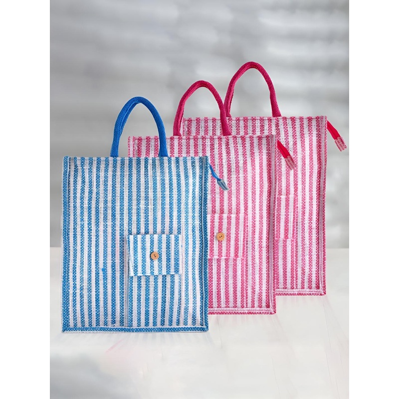 Aura Unisex Set Of 3 Striped Shopper Jute Tote Bags