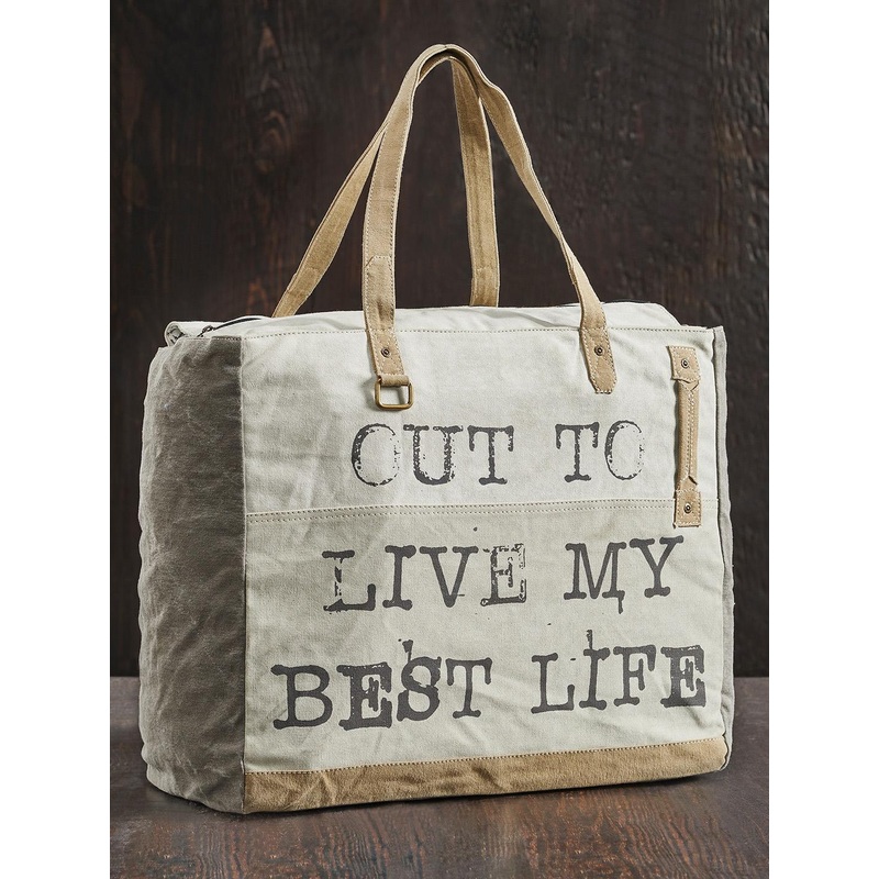 Mona B White Printed Upcycled Canvas Tote Bag