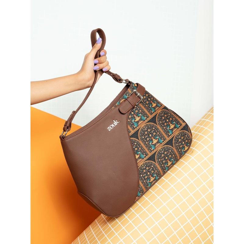 Alt by Zouk  Ira Peacock Ethnic Motifs Printed Leather Bucket Handheld Bag