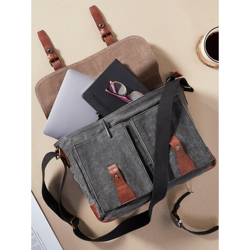 Mona B Unisex Black & Brown Upcycled Canvas Messenger Bag