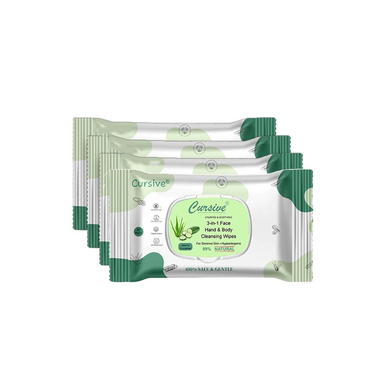 CURSIVE Set Of 4 Aloe Cucumber Face & Body Refreshing Wet Wipes – 25 Pcs Each
