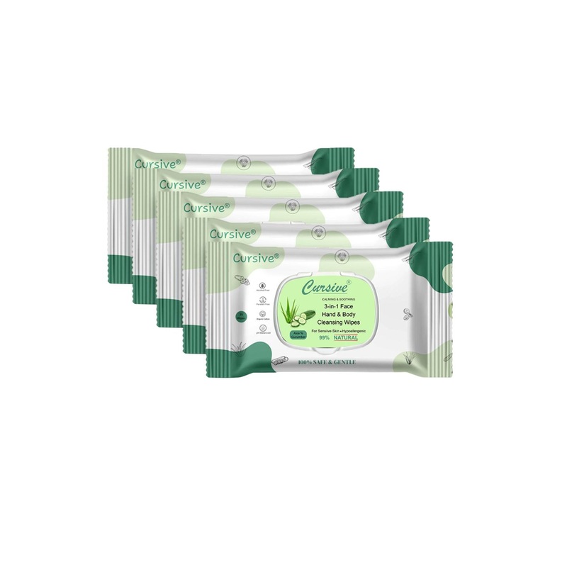 CURSIVE Set Of 5 Calming & Soothing Cleansing Wipes With Aloe & Cucumber – 25 Wipes Each