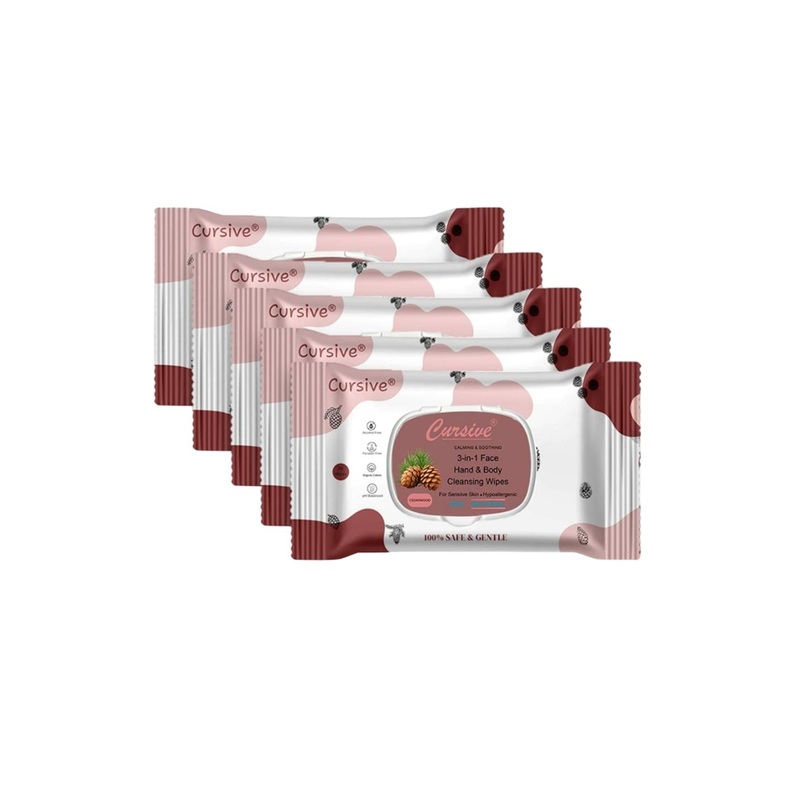 CURSIVE Set Of 5 Cedar Wood Face & Body Refreshing Wet Wipes – 25 Pcs Each