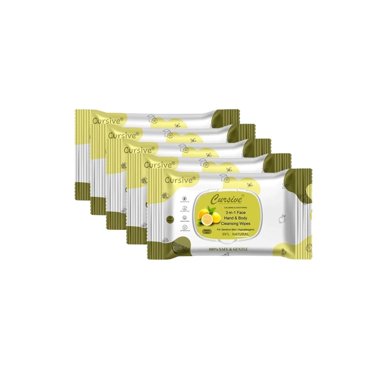 CURSIVE Set Of 5 Lemon Mint Face & Body Refreshing Wet Wipes- 25 Wipes Each