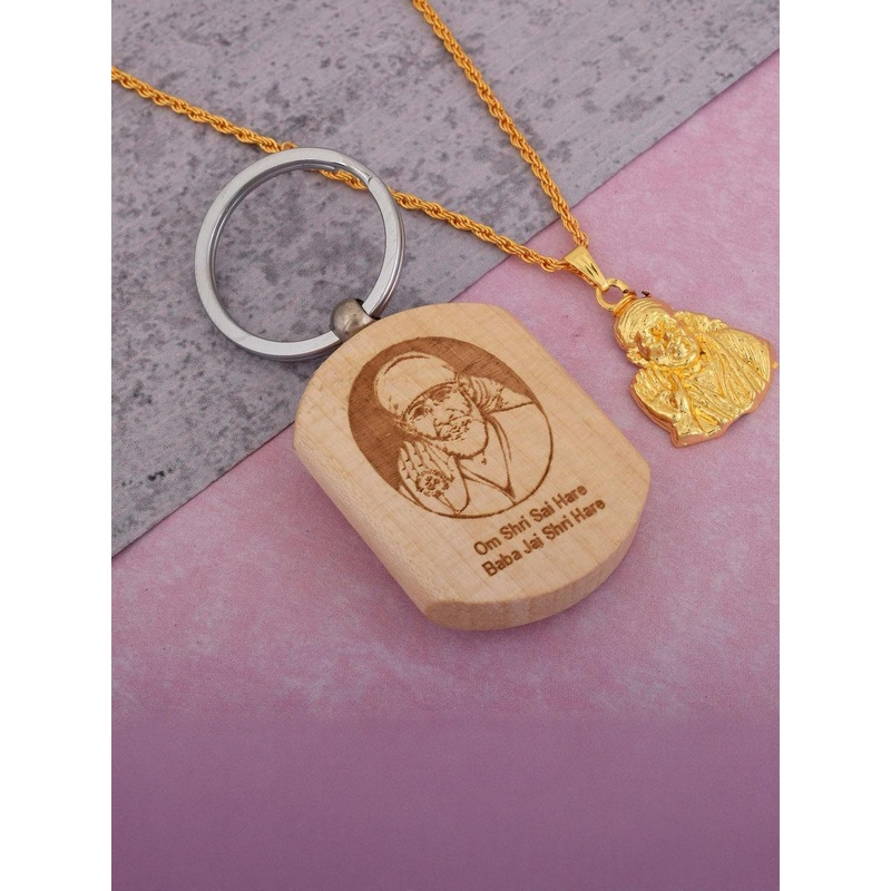 DZINETRENDZ Set Of 2 Gold-Plated Sai Baba Brass Pendant With Chain & Keyring