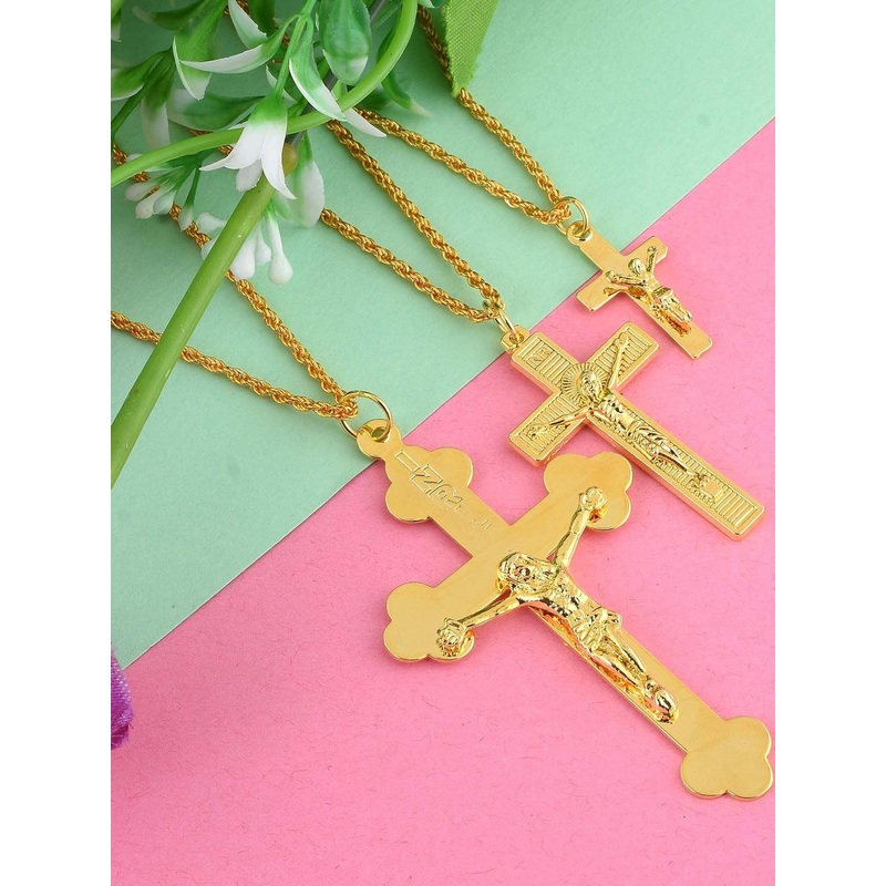 DZINETRENDZ Unisex Pack of 3 Brass Gold-Plated Crucifix Cross Christian Pendant
