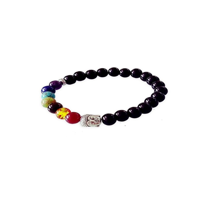 EPSAA Unisex Black Artificial Beads & Buddha Charm Metal Elasticated Slip On Bracelet