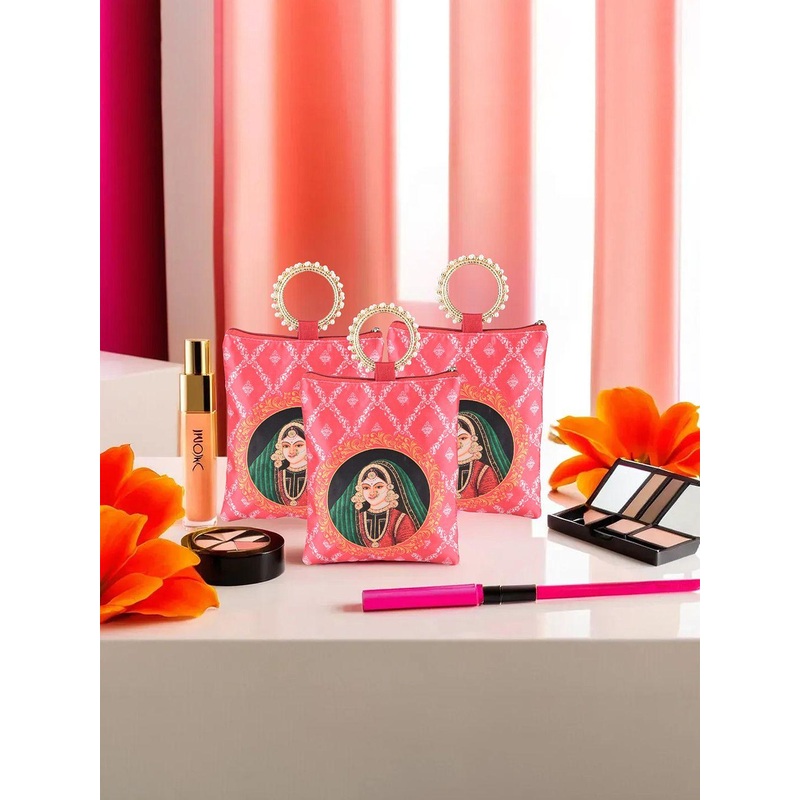 Kuber Industries 3 Pieces Maharani Printed Silk Clutches With Zip & Handle