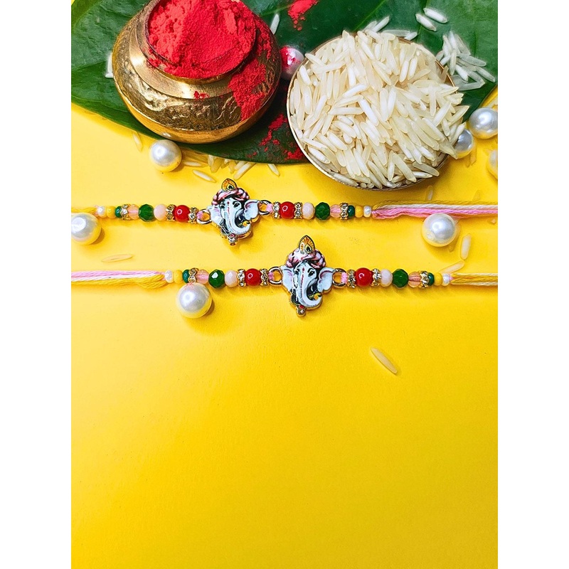 ORANGENYSHA Set Of 2 American Diamonds Studded & Beaded Meenakari Thread Rakhis