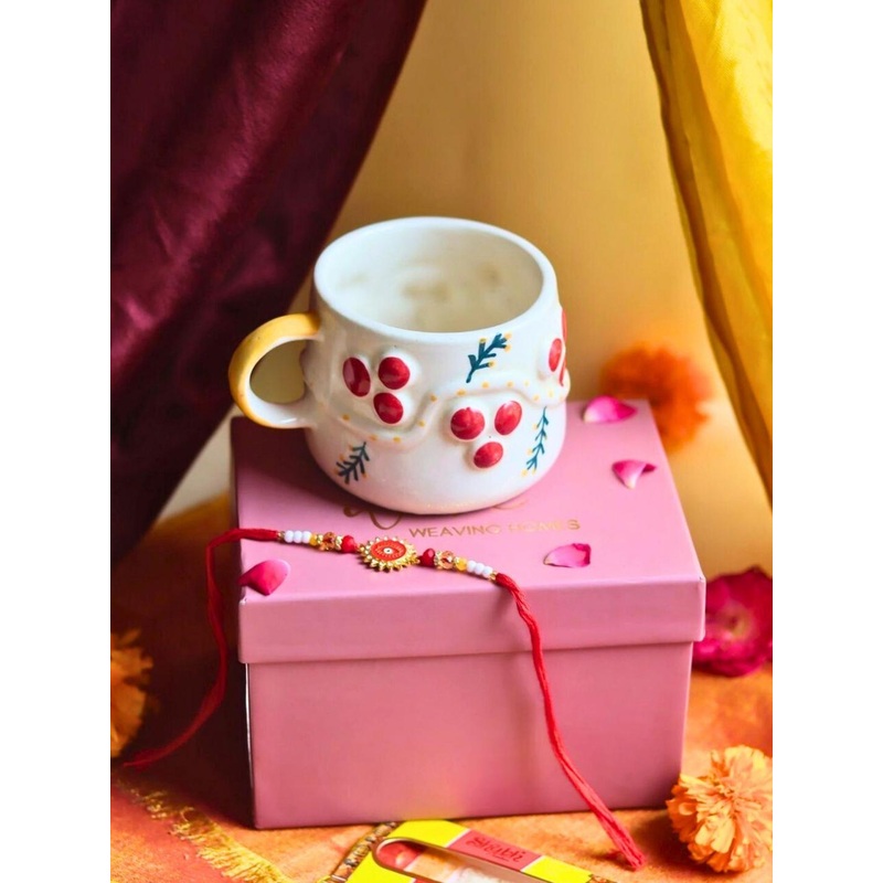 WEAVING HOMES Set of 2 Beaded Thread Rakhi With Cherry Mug