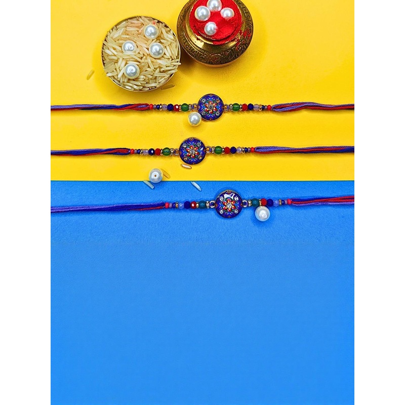 Anouk Set Of 3 Beaded Cotton Thread with AD Stones & Meenakari Designer Rakhi for Brother