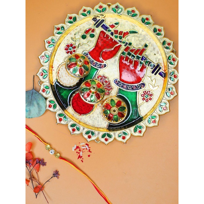 Anouk Stones Studded Rakhi with Card & Roli Rice Pooja Thali