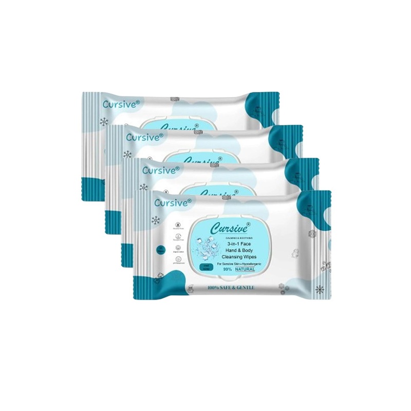 CURSIVE Set Of 4 Calm & Soothing Cleansing Face & Body Refreshing Wet Wipes – 25 Pcs Each