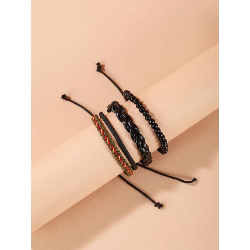 KPOP Men Set Of 3 Artificial Beaded Leather Wraparound Bracelet