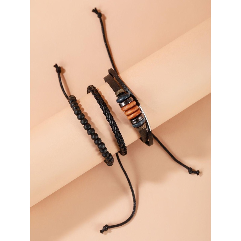KPOP Men Set Of 3 Artificial Beaded Leather Wraparound Bracelets