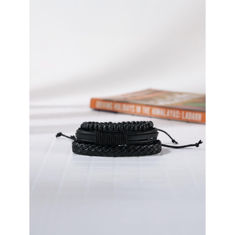 KPOP Men Set Of 3 Leather Artificial Beaded Wraparound Bracelets