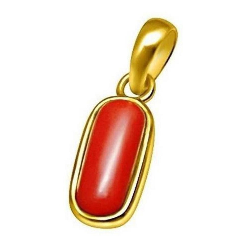 RAVIOUR LIFESTYLE Red Coral Brass Moonga Gemstone Pendant
