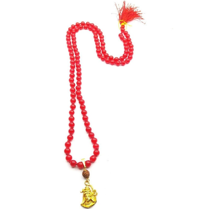 RAVIOUR LIFESTYLE Unisex Lord Shiv Rudraksha With Red Hakik Agate 108 bead Pendant & Chain
