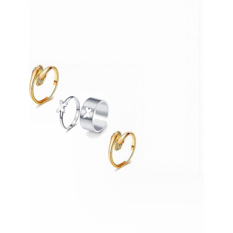 Teeragaj Set Of 4 Butterfly & Hug Adjustable Couple Finger Rings