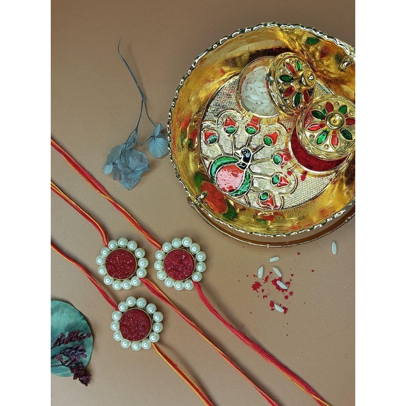 Anouk Set Of 3 Pearl Rakhi With Quirky Card & Thali