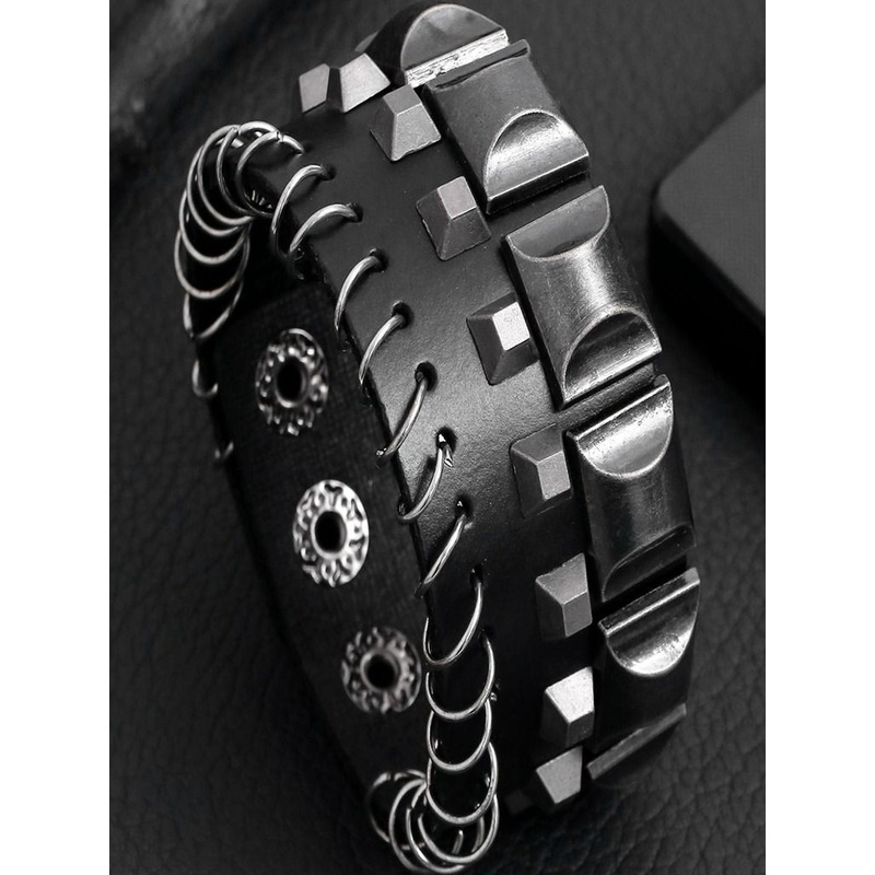 Jewelgenics Men Black Spiral Braided Wrap Band Button Leather Bracelet