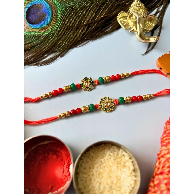 Set of 2pc Stone Studded & Beaded Thread Rakhi Meenakari Kundan Traditional Handmade Rakhi for Brother