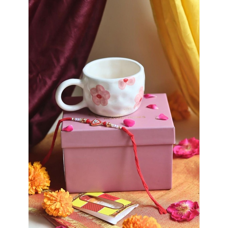 WEAVING HOMES Set of 2 Beaded Thread Rakhi With Floral Bliss Mug