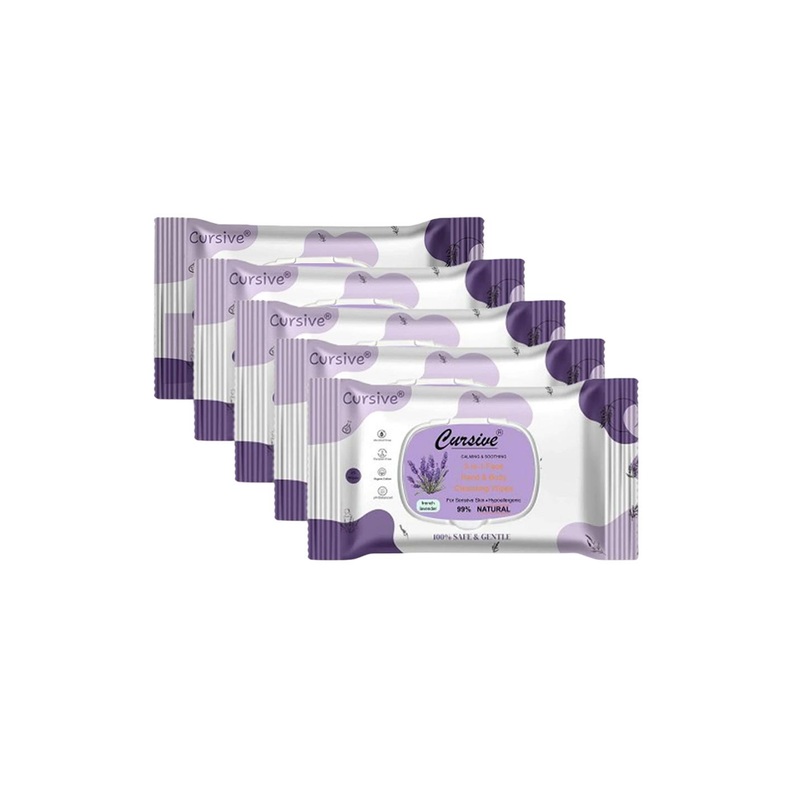 CURSIVE Set Of 5 Calming & Soothing Cleansing Wipes With Lavender – 25 Pcs Each