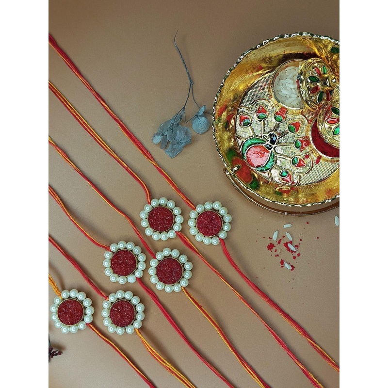 Anouk Set Of 6 Pearl Design Rakhi With Card & Thali