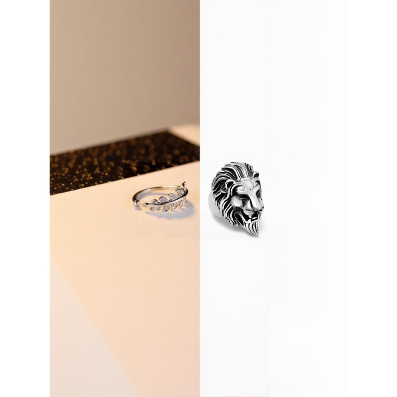 J.S ENTERPRISES Set Of 2 Unisex Stainless Steel Leaf & Lion Finger Rings