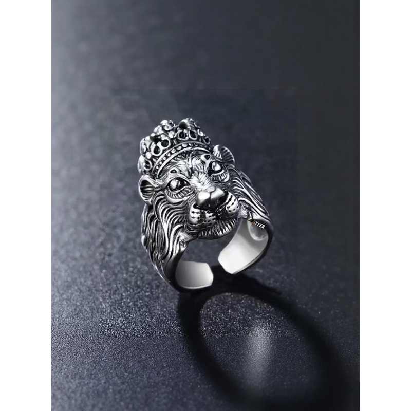 J.S ENTERPRISES Unisex Stainless Steel Oxidised Lion Head Finger Ring