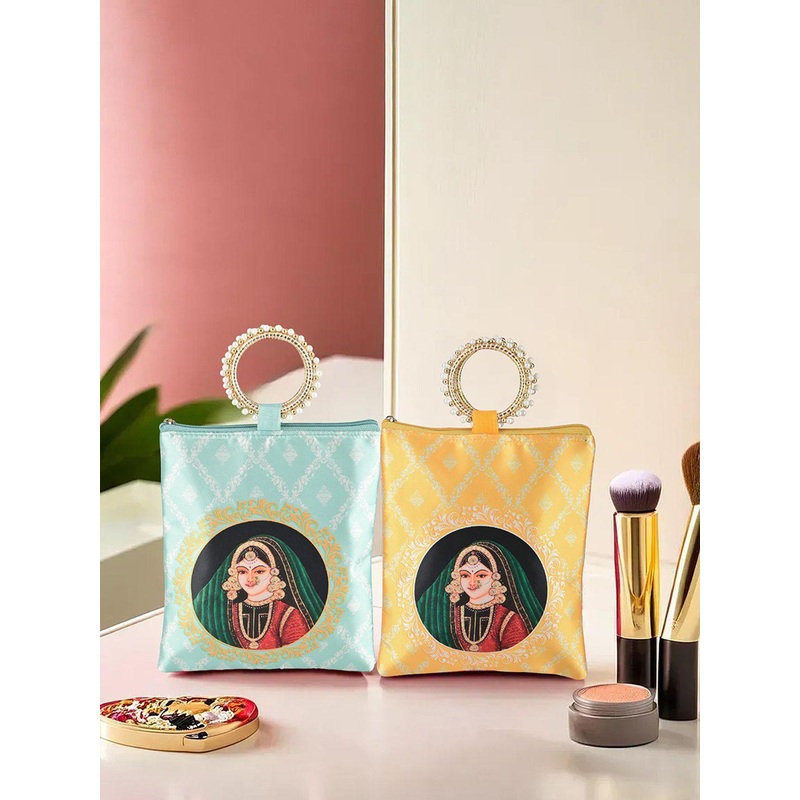 Kuber Industries 2 Pieces Maharani Printed Silk Clutches With Zip & Handle