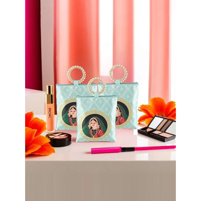 Kuber Industries Set Of 3 Maharani Printed Silk Zip & Handle Clutches