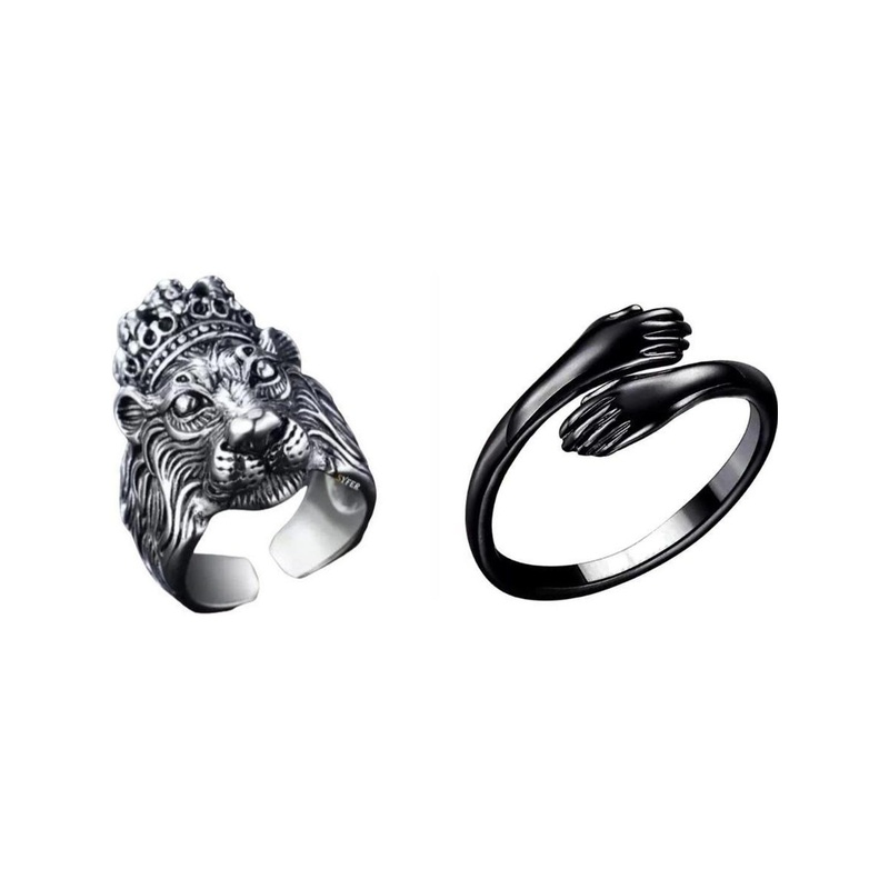 Teeragaj Set Of 2 Lion face & Hug Hands Adjustable Finger Rings
