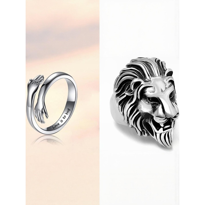 Teeragaj Set Of 2 Lion & Hug Adjustable Finger Rings