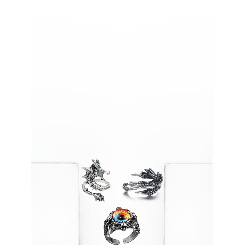 Teeragaj Set Of 3 Dragon Clone & Eye Adjustable Finger Rings