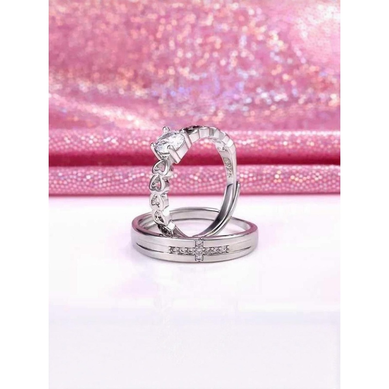 Teeragaj Unisex Set Of 2 Stainless Steel Cubic Zirconia Studded Couple Finger Rings