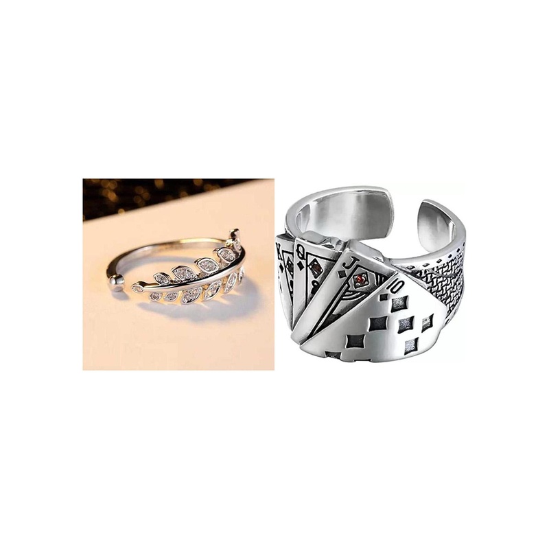 Teeragaj Unisex Set Of 2 Stone-Studded & Playing Cards Textured Adjustable Finger Rings