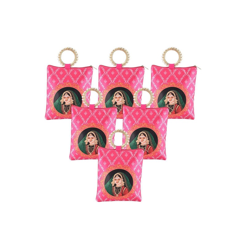 Kuber Industries Set Of 6 Maharani Printed Silk Clutches With Zip & Handle