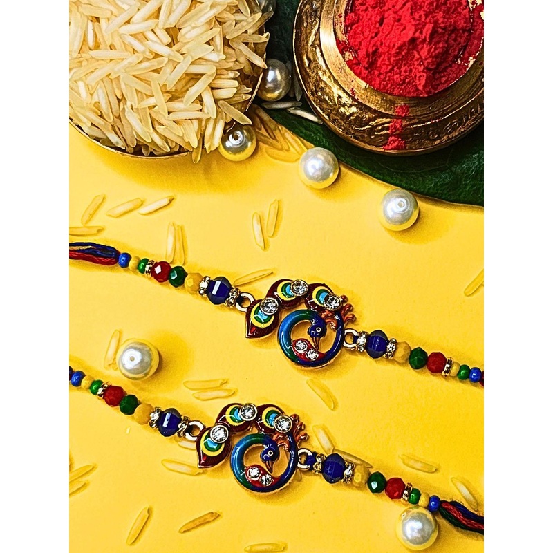 ORANGENYSHA Set Of 2 AD Stones Studded & Beaded Cotton Thread Rakhis With Rholi Chawal