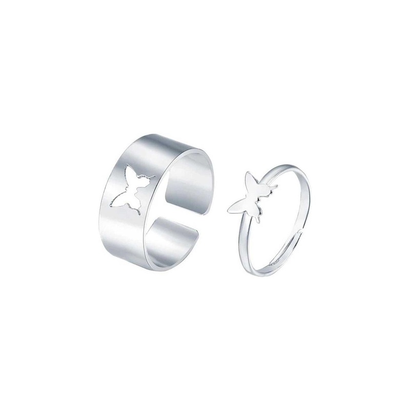 Teeragaj Set Of 2 Stainless Steel Butterfly Matching Wrap Adjustable Finger Rings