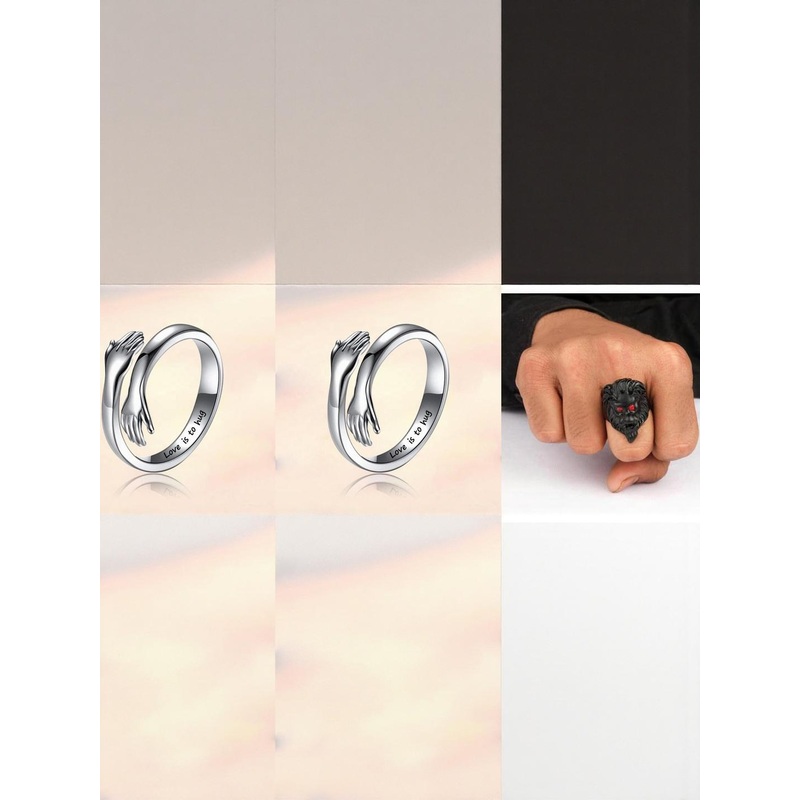 Teeragaj Set Of 2 Stones Studded Hug & Lion Adjustable Finger Rings