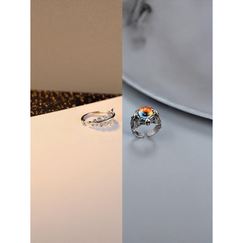 Teeragaj Set Of 2 Stones Studded Leaf & Evil Eye Adjustable Finger Rings