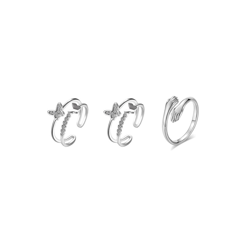 Teeragaj Set Of 3 Butterfly & Hug Adjustable Finger Rings