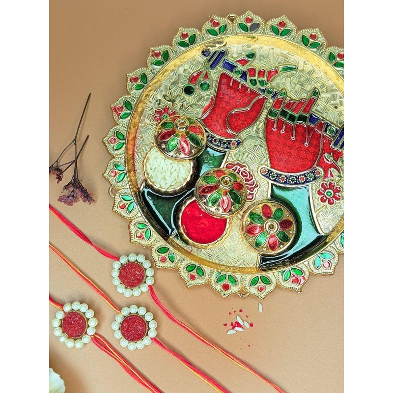 Anouk Set of 3 Beaded Rakhi with Card & Roli Rice Pooja Thali