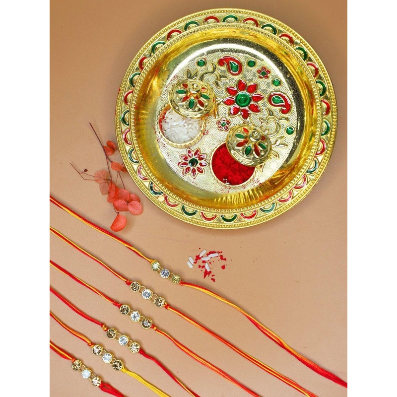 Anouk Set Of 6 Stones Studded Minimal Thread Rakhis With Card & Pooja Thali