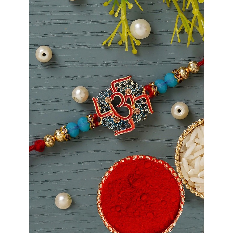 eCraftIndia Multicoloured Swastik & Om Religious Rakhi and Roli Chawal