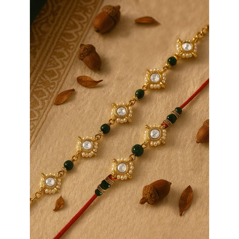KARATCART Set of 2 Gold-Plated Beaded Bhai Bhabhi Rakhi