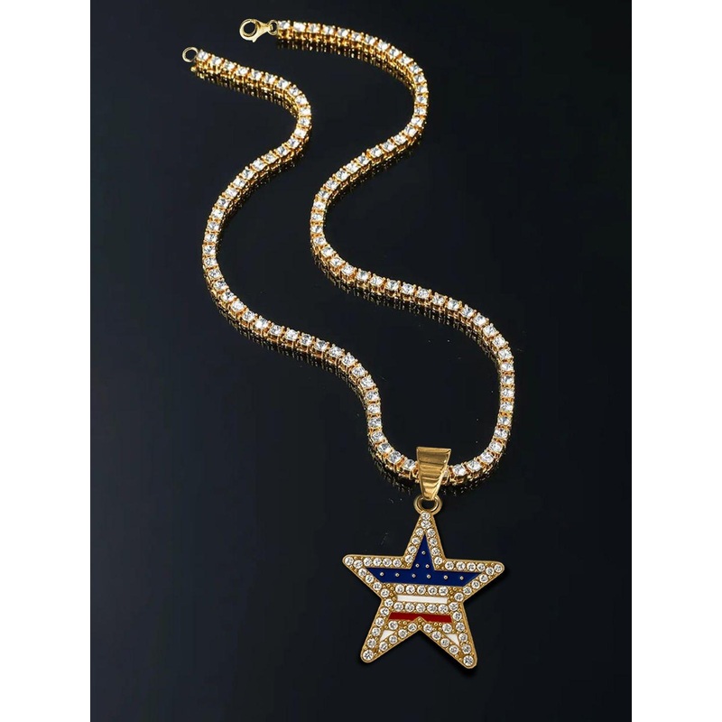KRENOZ Men Stainless Steel Gold-Plated Rhinestone Studded Star Shaped Pendant With Chain